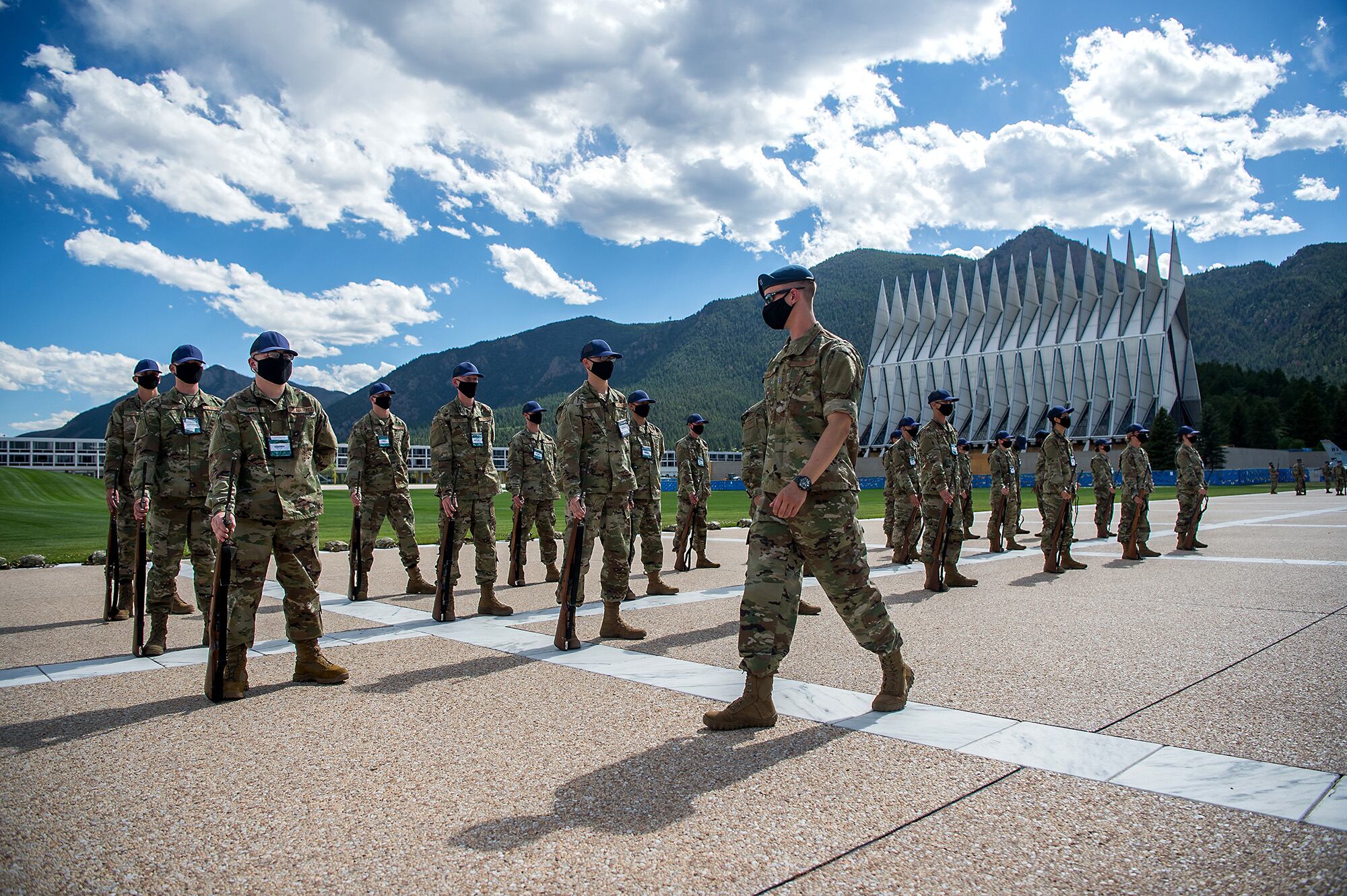Academy basic cadets participate in the first phase of basic cadet training with marching drills on July 8, 2020, on the Terrazzo at the U.S. Air Force Academy in Colorado.
