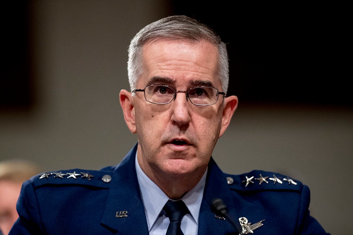 In this April 11, 2019, file photo, Gen. John Hyten, U.S. Strategic Command Commander, testifies before a Senate Armed Services Committee hearing on Capitol Hill in Washington.