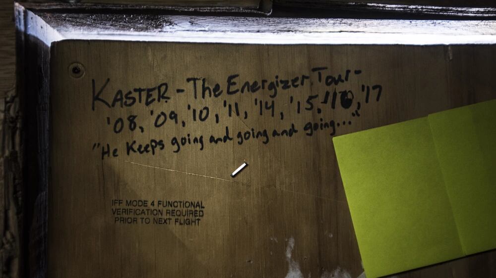 A list of deployment dates for Tech. Sgt. Bob Kaster, 455th Expeditionary Aircraft Maintenance Squadron C-130 Compass Call Aircraft Maintenance Unit communications, navigation and mission systems technician, is written on the door of his office at Bagram Air Base, Afghanistan, Jan. 12, 2017. The 41st Electronic Combat Squadron and the 755th Aircraft Maintenance Squadron from Davis-Monthan Air Force Base, Arizona, were continuously deployed in Afghanistan since 2002. (Staff Sgt. Katherine Spessa/Air Force)